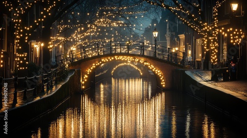 An arched bridge over a narrow river, softly lit by elegant string lights, with the glow reflecting on the riverbank. Cozy and inviting