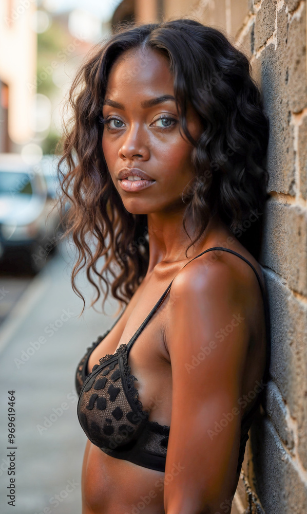 Fototapeta premium A confident black model showcases elegant black lingerie, exuding poise and style while standing on a lively street lined with vehicles and warm evening light