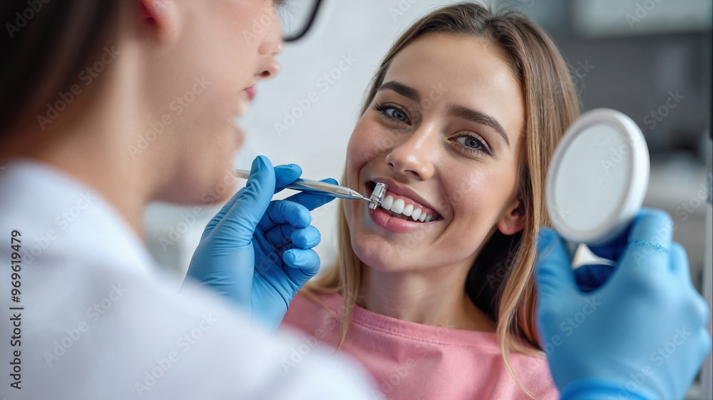 A woman with a bright smile sits in a dental chair as a hygienist performs a dental procedure. The clinic is bright and modern, creating a welcoming environment for patients. A woman with a bright smile sits in a dental chair as a hygienist performs a dental procedure. The clinic is bright and modern, creating a welcoming environment for patients.