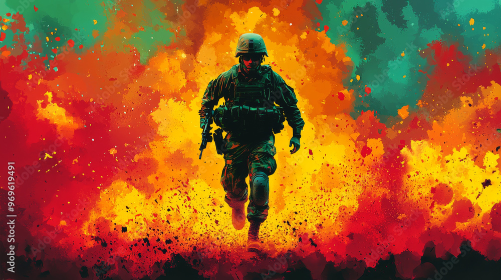 A soldier in camouflage runs through a fiery explosion. A soldier in camouflage runs through a fiery explosion.