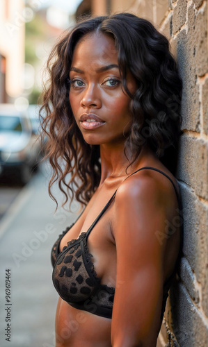 A confident black model showcases elegant black lingerie, exuding poise and style while standing on a lively street lined with vehicles and warm evening light