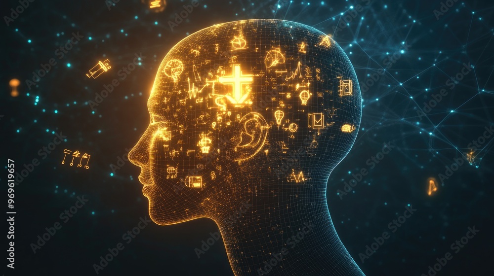 A glowing silhouette of a head with various math symbols floating inside, including plus signs, fractions, and formulas. A glowing silhouette of a head with various math symbols floating inside, including plus signs, fractions, and formulas.