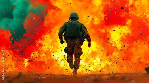 A soldier runs through a fiery explosion, a powerful image of courage and resilience.