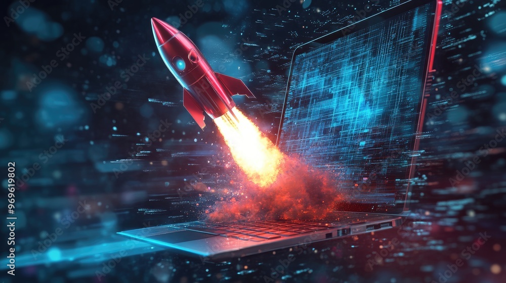 Naklejka premium Rocket blasting off from a laptop screen, representing the power of innovation and creativity, with a dynamic background