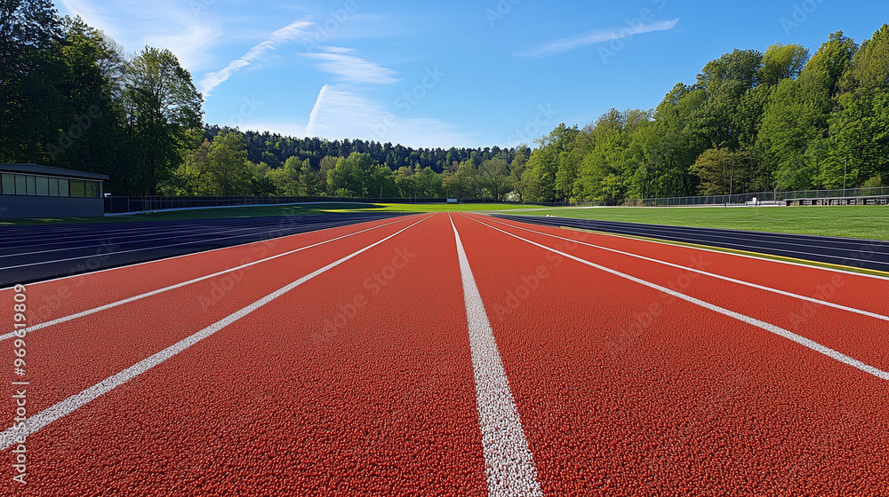Świeżo przygotowana, idealnie równa bieżnia sportowa czeka na biegaczy. Jej czerwona, gładka nawierzchnia zachęca do szybkiego startu i osiągania najlepszych wyników. Świeżo przygotowana, idealnie równa bieżnia sportowa czeka na biegaczy. Jej czerwona, gładka nawierzchnia zachęca do szybkiego startu i osiągania najlepszych wyników.