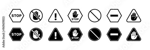 Warning sign set icons. Linear and silhouette style. Vector icons.