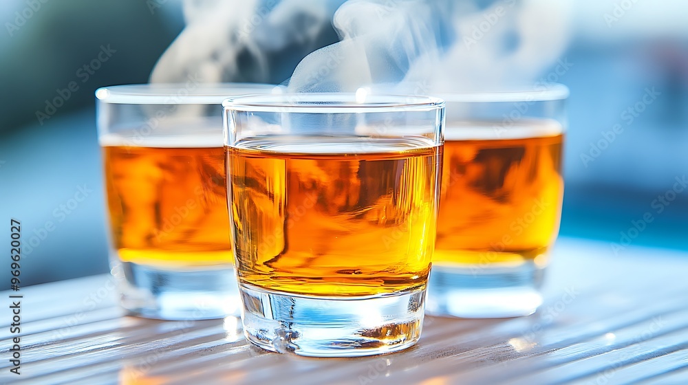 Traditional Greek rakomelo served in small glasses, with a warm amber hue and steam rising from the drink. The aromatic combination of honey, cinnamon, and spices creates a comforting and festive Traditional Greek rakomelo served in small glasses, with a warm amber hue and steam rising from the drink. The aromatic combination of honey, cinnamon, and spices creates a comforting and festive