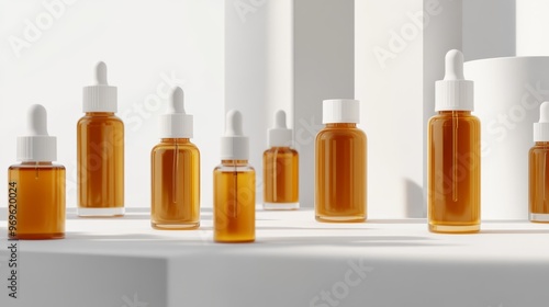 Dropper Bottles with Serum on White Background.