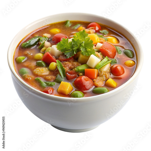 A bowl of hearty vegetable soup isolated on transparent background.