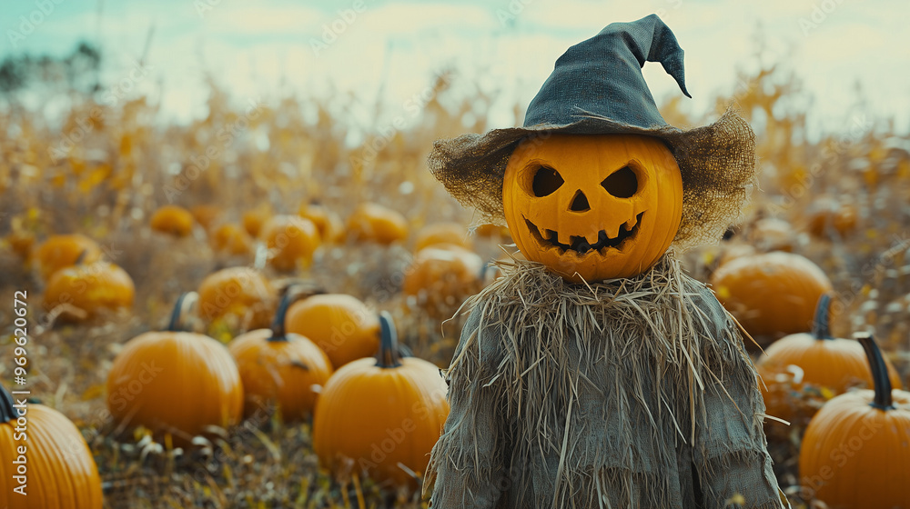 Naklejka premium Strach na wróble o upiornym wyglądzie spogląda na pole pełne pomarańczowych dyń, jego przerażająca sylwetka wpisuje się w tajemniczy klimat Halloween.