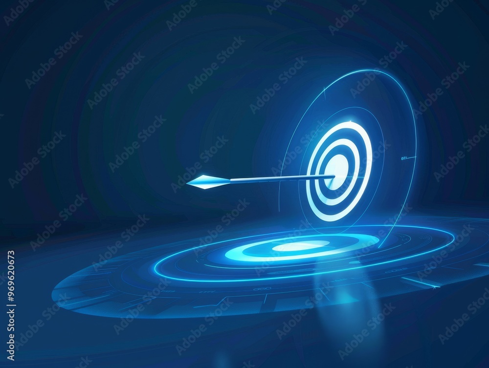 A glowing blue target with an arrow in the center. The target is surrounded by a blue circle of light. A glowing blue target with an arrow in the center. The target is surrounded by a blue circle of light.