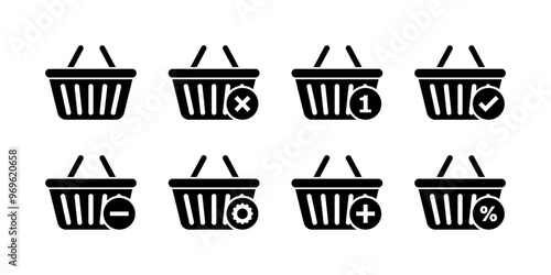 Shopping basket set icons. Silhouette style. Vector icons.