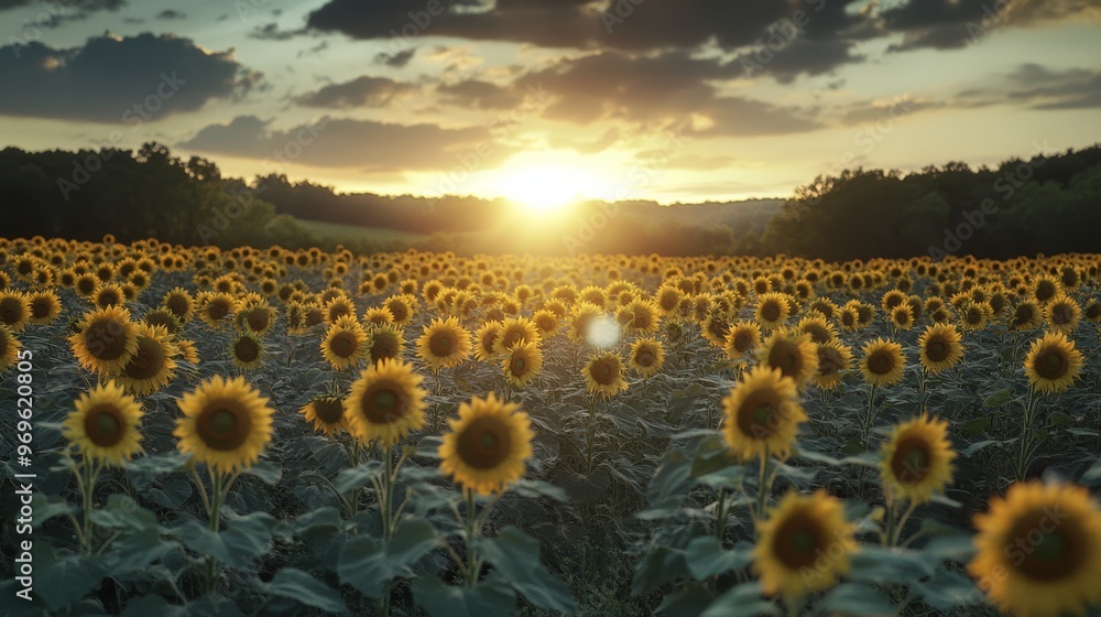 Obraz premium Sunflowers face the horizon as the sun sets casting a soft light over the blooming field