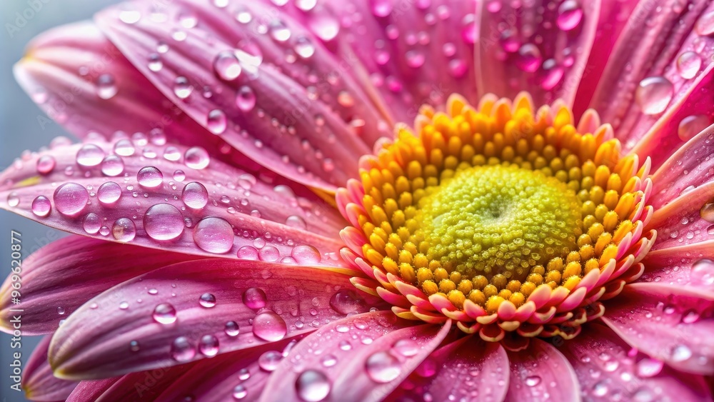 Close-up of a delicate pink flower with water droplets and a vibrant yellow center, pink, flower, delicate Close-up of a delicate pink flower with water droplets and a vibrant yellow center, pink, flower, delicate