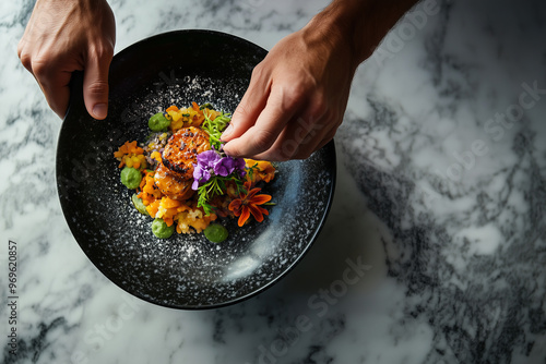 Chef garnishing gourmet dish with flowers and herbs on a marble countertop
