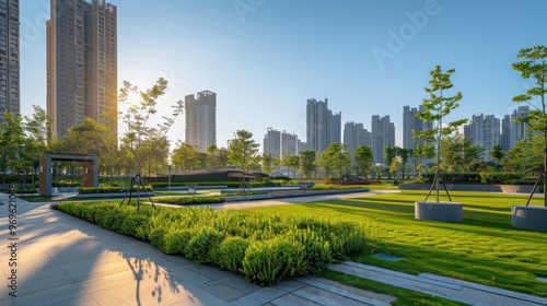 Modern City Park with Buildings in the Background photo