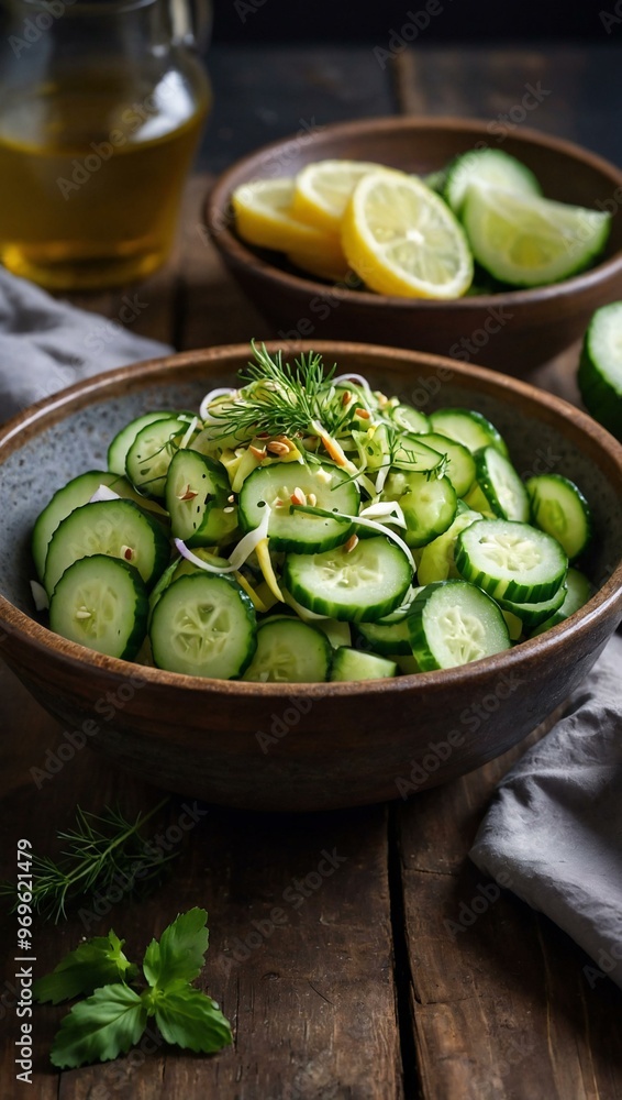 Fresh cucumber salad served in a rustic bowl, garnished with vibrant herbs. Fresh cucumber salad served in a rustic bowl, garnished with vibrant herbs.