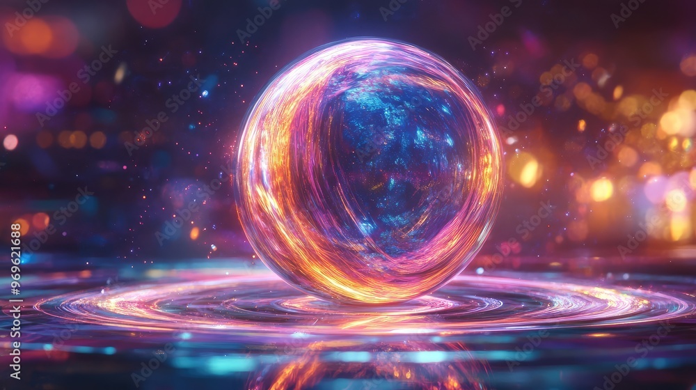 A floating 3D sphere of Kamaha magic, pulsating with colorful energy, surrounded by shimmering, translucent rings of light. Mystical and abstract A floating 3D sphere of Kamaha magic, pulsating with colorful energy, surrounded by shimmering, translucent rings of light. Mystical and abstract