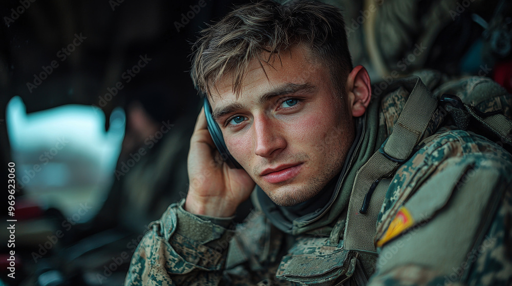 Obraz premium Young man in military uniform wearing headphones.
