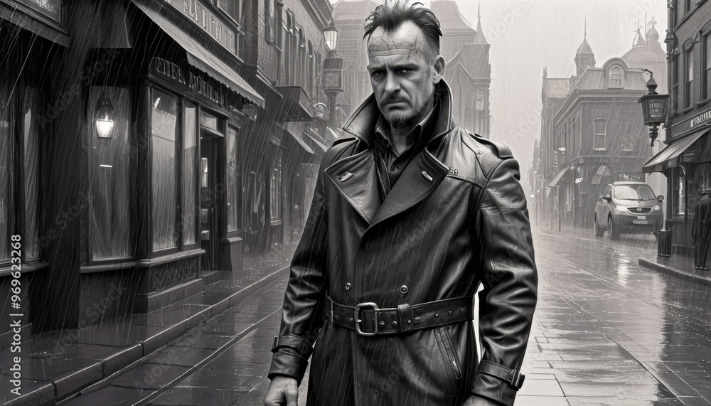 Obraz premium sad and gloomy elderly man in coat in the rain in black and white