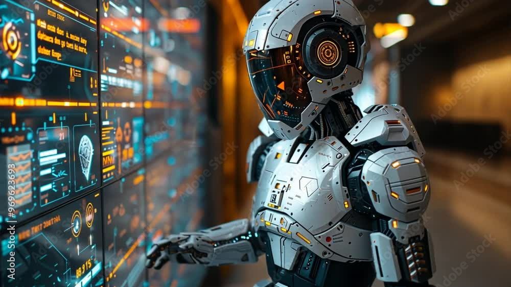 Cybernetic Symphony: A futuristic android interacts with a vibrant holographic interface, its intricate design illuminated by the glow of data streams. Cybernetic Symphony: A futuristic android interacts with a vibrant holographic interface, its intricate design illuminated by the glow of data streams.