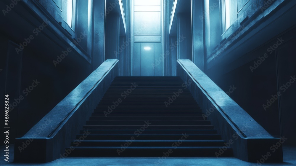A tranquil staircase ascends to a glowing door surrounded by muted blue and gray hues A tranquil staircase ascends to a glowing door surrounded by muted blue and gray hues