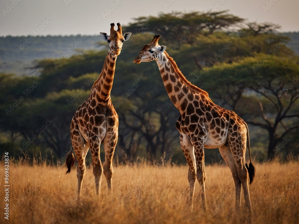 Giraffe couple standing in the vast African savannah. Giraffe couple standing in the vast African savannah.