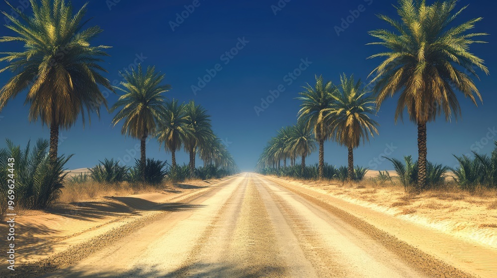 A long desert road stretching into the distance, flanked by palm trees with golden sands visible beyond the trees under a deep blue sky A long desert road stretching into the distance, flanked by palm trees with golden sands visible beyond the trees under a deep blue sky