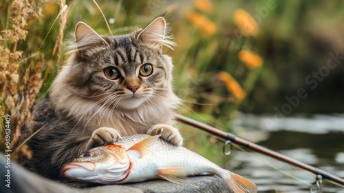 Cat sitting by a fishing rod and fresh fish, posing as if it had just made the catch of the day.