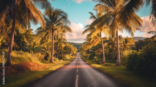 A peaceful countryside road lined with palm trees on either side, the scene drenched in golden hour light, creating a calm and warm setting