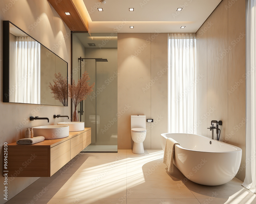 a modern bathroom with a bathtub, a shower cabin and a washbasin is a design solution a modern bathroom with a bathtub, a shower cabin and a washbasin is a design solution