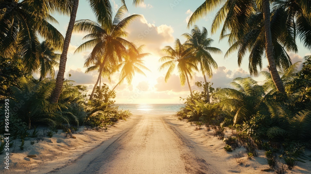 A sandy road bordered by towering palm trees that leads toward a distant beach, the tropical sun creating a warm, inviting atmosphere - A sandy road bordered by towering palm trees that leads toward a distant beach, the tropical sun creating a warm, inviting atmosphere -