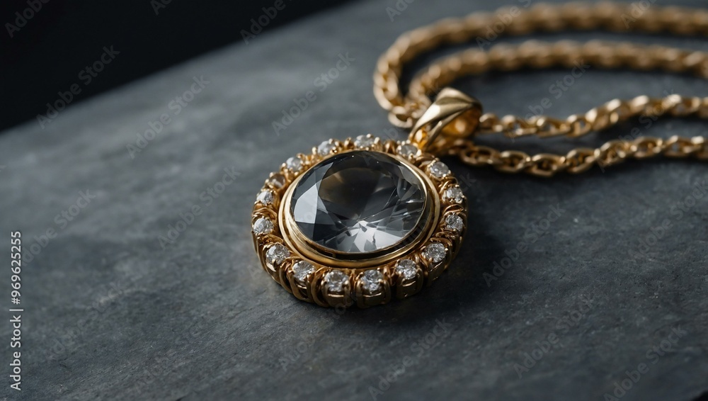 Gold chain with gray gemstone pendant on display. Gold chain with gray gemstone pendant on display.