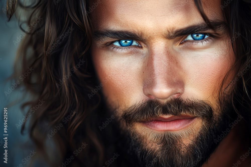 Close-up portrait of a handsome young man with long hair and piercing blue eyes Close-up portrait of a handsome young man with long hair and piercing blue eyes