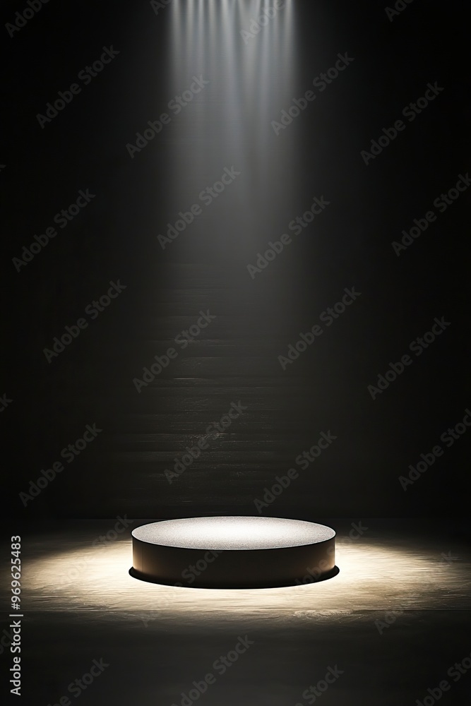 Podium with downlight that highlights the product from below, creating a dramatic silhouette effect. generative ai Podium with downlight that highlights the product from below, creating a dramatic silhouette effect. generative ai