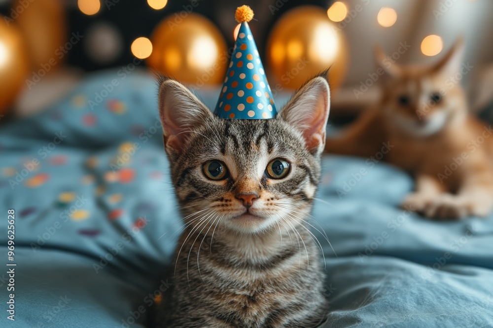 Two adorable cats in party hats, sitting with treats, celebrating a birthday in a charming, festive setting with pastel balloons. Two adorable cats in party hats, sitting with treats, celebrating a birthday in a charming, festive setting with pastel balloons.