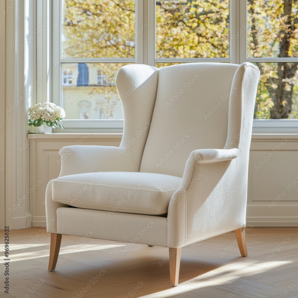 Stylish white armchair in a bright interior setting, perfect for adding elegance and comfort to any room. Stylish white armchair in a bright interior setting, perfect for adding elegance and comfort to any room.