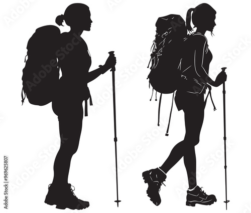 Silhouette of a person with a backpack hiking girl vector 