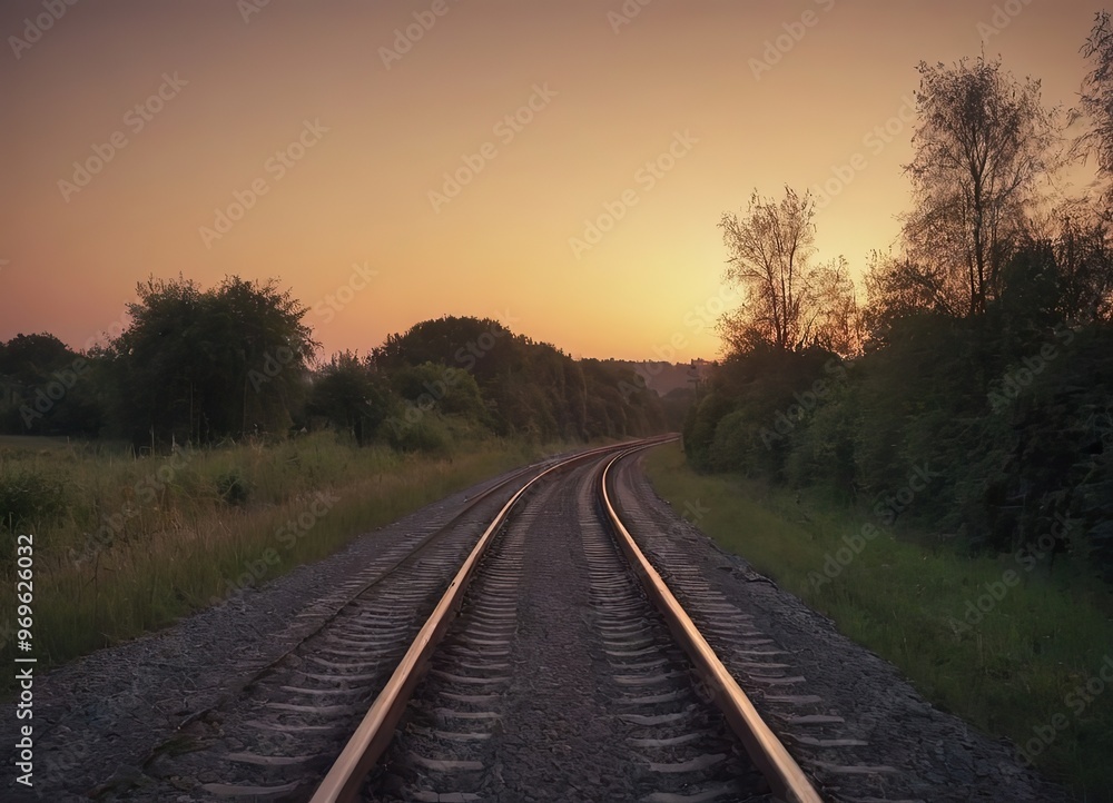A beautiful train is traveling down its train tracks as the sun sets A beautiful train is traveling down its train tracks as the sun sets