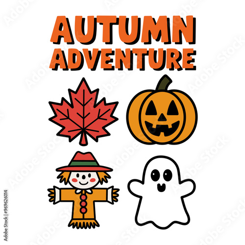 Halloween Autumn Leaf, Pumpkin, Scarecrow and Ghost Adventure Illustration SVG Kawaii files photo