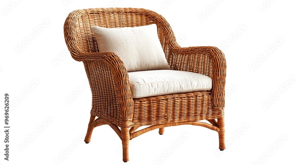Cozy and comfortable wicker armchair with plush cushion isolated on a clean white studio backdrop The natural texture and modern minimalist design create an elegant and relaxing domestic setting Cozy and comfortable wicker armchair with plush cushion isolated on a clean white studio backdrop The natural texture and modern minimalist design create an elegant and relaxing domestic setting