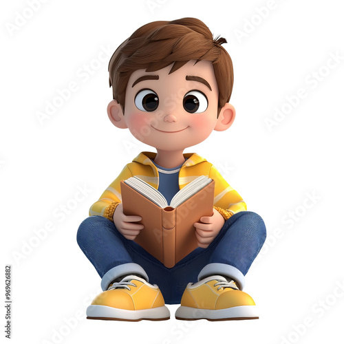 A cheerful boy sitting and reading a book, showcasing joy and curiosity, perfect for educational and child-related themes.