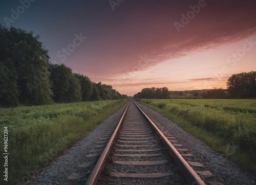 A beautiful train is traveling down its train tracks as the sun sets