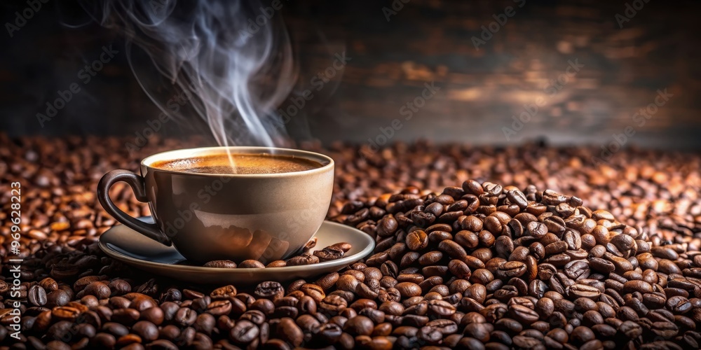 Close-up of a steaming cup of coffee surrounded by roasted coffee beans, coffee, cup, espresso, drink, morning, beverage, aroma Close-up of a steaming cup of coffee surrounded by roasted coffee beans, coffee, cup, espresso, drink, morning, beverage, aroma