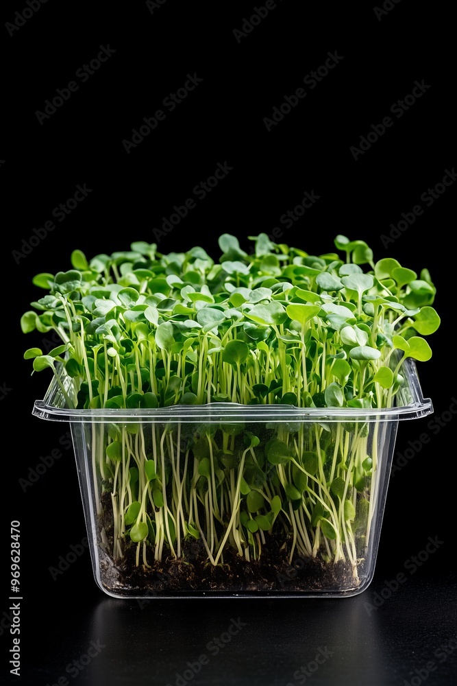 Microgreens in a transparent container, representing the concept of vegan and vegetarian healthy eating, raw food diet, and growing nutritious produce at home. Solid color background. Microgreens in a transparent container, representing the concept of vegan and vegetarian healthy eating, raw food diet, and growing nutritious produce at home. Solid color background.