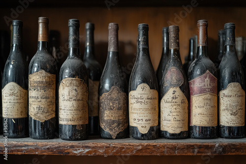 A collection of vintage wine bottles displayed on rustic shelf, showcasing their aged labels and unique character. atmosphere evokes sense of nostalgia and history