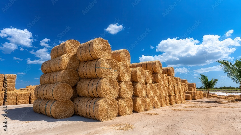 Hay Bales in Field, Clear Blue Sky, Agricultural Landscape Hay Bales in Field, Clear Blue Sky, Agricultural Landscape