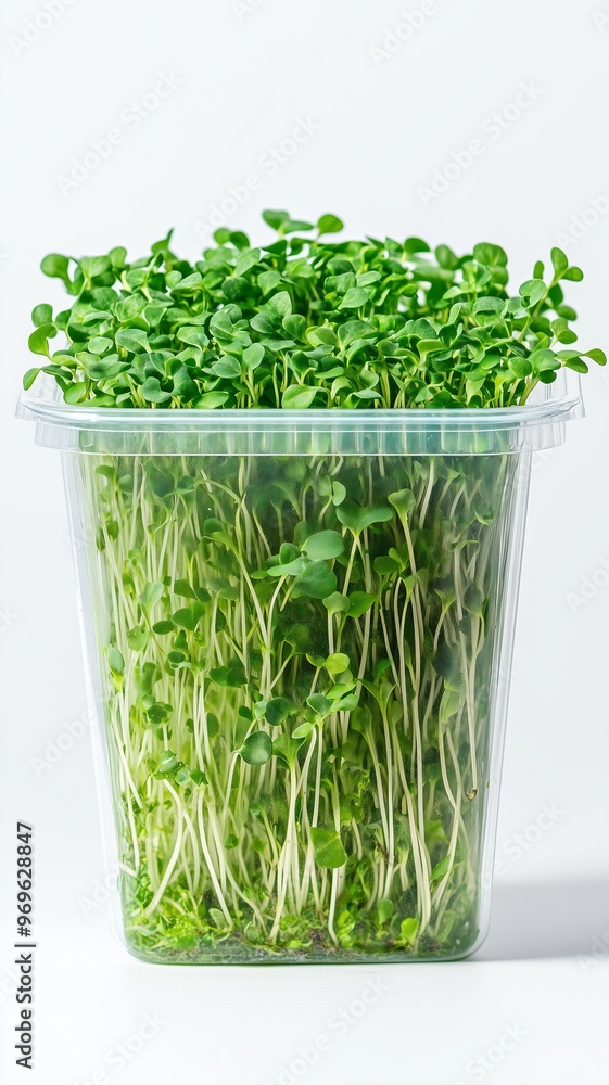 Microgreens in a transparent container, representing the concept of vegan and vegetarian healthy eating, raw food diet, and growing nutritious produce at home. Solid color background. Microgreens in a transparent container, representing the concept of vegan and vegetarian healthy eating, raw food diet, and growing nutritious produce at home. Solid color background.