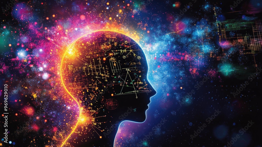 Human head silhouette with colorful, glowing mathematical symbols and equations radiating outward, symbolizing learning. Human head silhouette with colorful, glowing mathematical symbols and equations radiating outward, symbolizing learning.