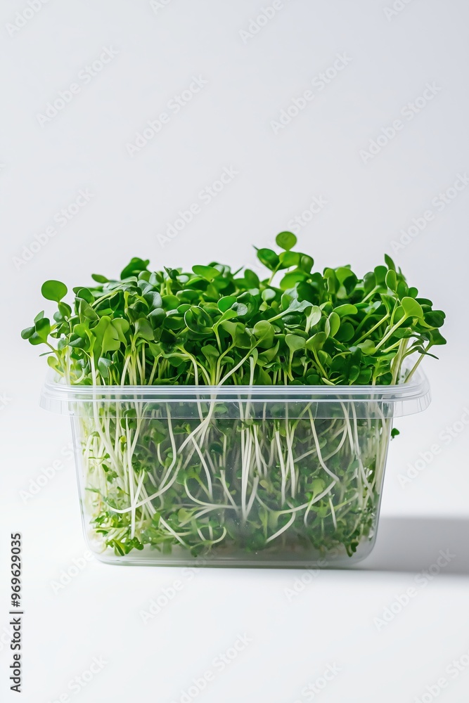 Microgreens in a transparent container, representing the concept of vegan and vegetarian healthy eating, raw food diet, and growing nutritious produce at home. Solid color background. Microgreens in a transparent container, representing the concept of vegan and vegetarian healthy eating, raw food diet, and growing nutritious produce at home. Solid color background.